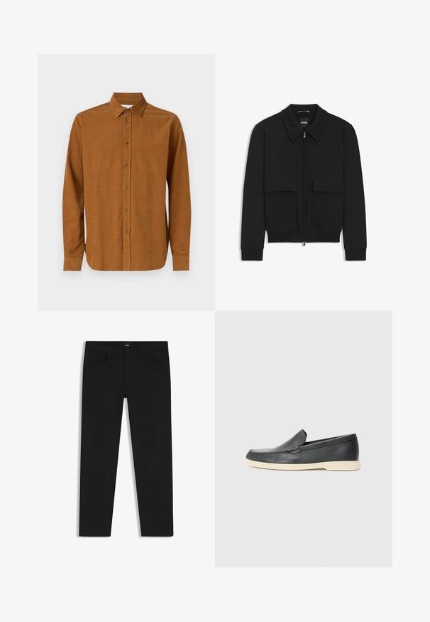 Veste bomber noire avec col, fermeture éclair à l'avant et deux grandes poches à rabat. Dotée de poignets et d'un bas côtelés, fabriquée en tissu texturé.; Chemise à manches longues marron en tissu lisse, dotée d'un col classique et de sept boutons à l'avant, avec des manches à poignets droits.; Pantalons en denim noir à coupe droite, avec une taille standard, cinq poches et une fermeture à bouton. Texture lisse sur toute la surface.; Mocassins noirs en cuir à enfiler avec une finition texturée et une semelle en caoutchouc beige contrastante. Présente un accent subtil sur le devant.