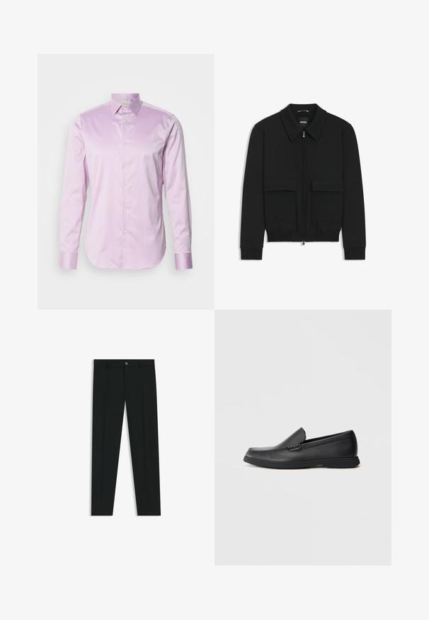 Black bomber jacket with a collared neck, zip front, and two large flap pockets. Features ribbed cuffs and hem, made of textured fabric.; Light purple long-sleeve shirt made of smooth fabric, featuring a button-down collar, full-length front buttons, and contrasting shiny cuffs.; Black dress pants with a straight-leg design, made of smooth fabric. Features a front button closure and belt loops. Plain without patterns.; Black leather slip-on loafer with textured upper, rounded toe, low heel, and rubber sole, shown in side profile on white background.