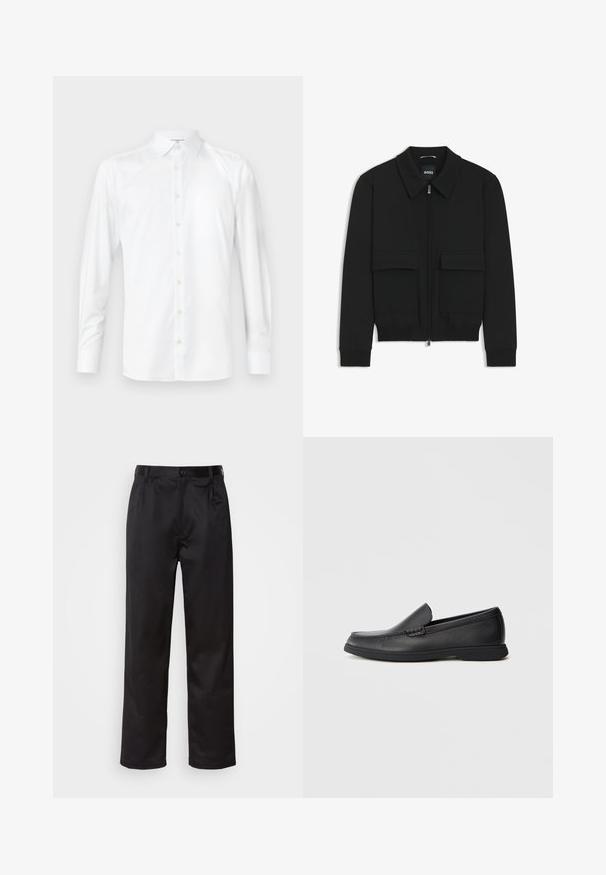 Giacca bomber nera con colletto, chiusura a zip frontale e due grandi tasche con patta. Presenta polsini e orlo a costine, realizzata in tessuto testurizzato.; Camicia bianca a maniche lunghe in tessuto liscio, con colletto classico, apertura a bottoni e polsini abbottonati. Design semplice e pulito.; Pantaloni neri realizzati in tessuto morbido, con chiusura frontale a bottone, pieghe e gambe dritte. Nessun motivo o accento visibile.; Mocassino slip-on in pelle nera con sopra testurizzato, punta arrotondata, tacco basso e suola in gomma, mostrato in profilo laterale su sfondo bianco.