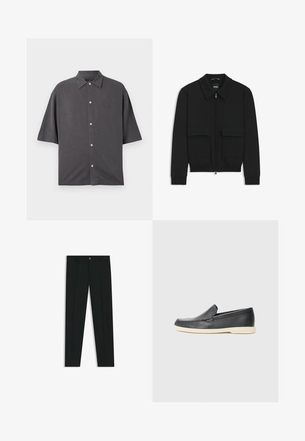 Musta pommikohva takki, jossa on kauluskulli, vetoketju etupuolella ja kaksi suurta läpällistä taskua. Varustettu ribbireunuksilla hihoissa ja helmassa, valmistettu teksturoituneesta kankaasta.; T-paita lyhythihainen, hiilenharmaa, pehmeästä kankaasta. Ominaisuuksia ovat perinteinen kaulus, vaaleanpunaiset napit ja hienovarainen brodeerattu logo rinnassa.; Musta housut, joissa on suora lahje, valmistettu sileästä kankaasta. Edessä nappisulku ja vyölenkit. Yksinkertainen ilman kuvioita.; Mustat nahkakengät ilman nauhoja, joissa on teksturoitu pinta ja kontrastoiva beige kumipohja. Kengissä on hillitty yksityiskohta etuosassa.