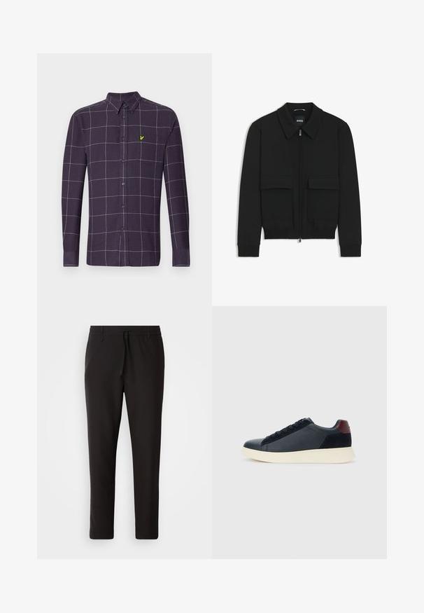 Black bomber jacket with a collared neck, zip front, and two large flap pockets. Features ribbed cuffs and hem, made of textured fabric.; Long-sleeve button-up shirt in dark purple with a grid pattern in white and grey. Features a small, green emblem on the chest pocket.; Black jogger pants made of smooth fabric. Feature an elastic waistband with a drawstring, tapered legs, and no visible pockets. Simple design.; Low-top men's sneaker in black leather and suede with maroon heel tab and white rubber sole, viewed from the outer side.