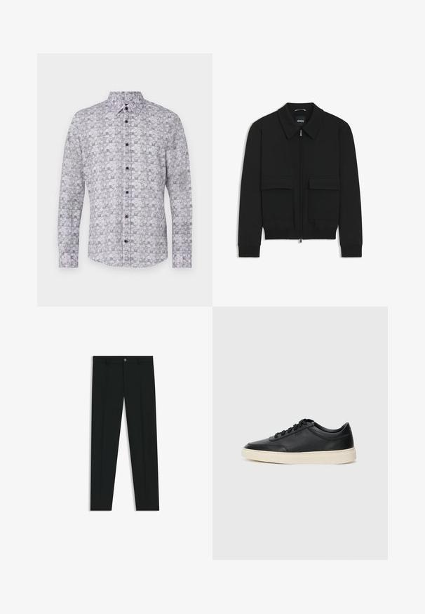 Czarna kurtka bomberka z kołnierzykiem, zapinana na zamek, z dwiema dużymi kieszeniami z klapami. Posiada ściągacze na mankietach i dole, wykonana z teksturowanej tkaniny.; Koszula z długim rękawem w jasnoróżowym kolorze z powtarzającym się geometrycznym wzorem. Posiada kołnierzyk zapinany na guziki oraz pięć ciemnych guzików z przodu.; Czarne spodnie materiałowe z prostymi nogawkami, wykonane z gładkiego materiału. Posiadają zamek na guzik z przodu oraz szlufki na pasek. Gładkie, bez wzorów.; Czarne niskie skórzane sneakersy z czarnymi sznurówkami i off-white podeszwą, prezentowane w profilu bocznym na białym tle.