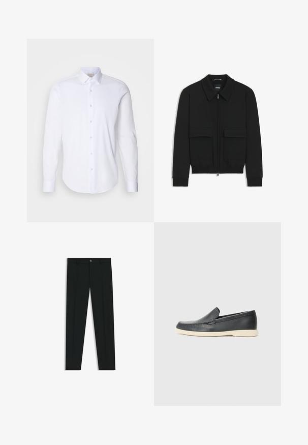 Zwarte bomberjack met een kraag, rits aan de voorkant en twee grote klepzakken. Heeft geribde manchetten en onderrand, gemaakt van textuurstof.; Witte lange mouwen shirt gemaakt van glad katoen. Heeft een puntige kraag, een knoopsluiting aan de voorkant en een ronde zoom. Geen patronen of accenten.; Zwarte dresspants met een recht pasvorm, gemaakt van een gladde stof. Heeft een sluiting met een knoop aan de voorkant en ceintuurlussen. Effen zonder patronen.; Zwarte leren instappers met een gestructureerde afwerking en een contrasterende beige rubberen zool. Beschikt over een subtiele accent langs de voorkant.