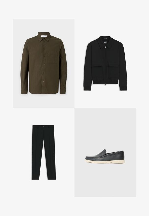 Schwarze Bikerjacke mit Kragen, Reißverschluss vorne und zwei großen Taschen mit Klappen. Mit Rippstrickbündchen und Saum, aus strukturiertem Stoff gefertigt.; Olivengrünes Langarmhemd aus weichem Stoff, mit einem Button-Down-Kragen, einer Brusttasche und einer Knopfleiste mit dunklen Knöpfen.; Schwarze Anzughosen mit geradem Bein, aus glattem Stoff. Mit Knopfverschluss vorne und Gürtelschlaufen. Schlicht ohne Muster.; Schwarze Leder-Slipper mit strukturiertem Finish und einer kontrastierenden beige Gummisohle. Mit einem dezenten Akzent an der Vorderseite.
