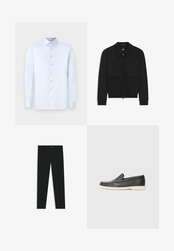 Giacca bomber nera con colletto, chiusura a zip frontale e due grandi tasche con patta. Presenta polsini e orlo a costine, realizzata in tessuto testurizzato.; Camicetta azzurro chiaro a maniche lunghe con colletto a punta, chiusura frontale con bottoni e texture liscia. Presenta dettagli con bottoni argentati sulla patta.; Pantaloni neri in tessuto lisci, con design a gamba dritta. Presentano una chiusura frontale con bottone e passanti per cintura. Senza fantasie.; Mocassini neri in pelle con finitura testurizzata e suola in gomma beige a contrasto. Presentano un accento sottile lungo la parte anteriore.