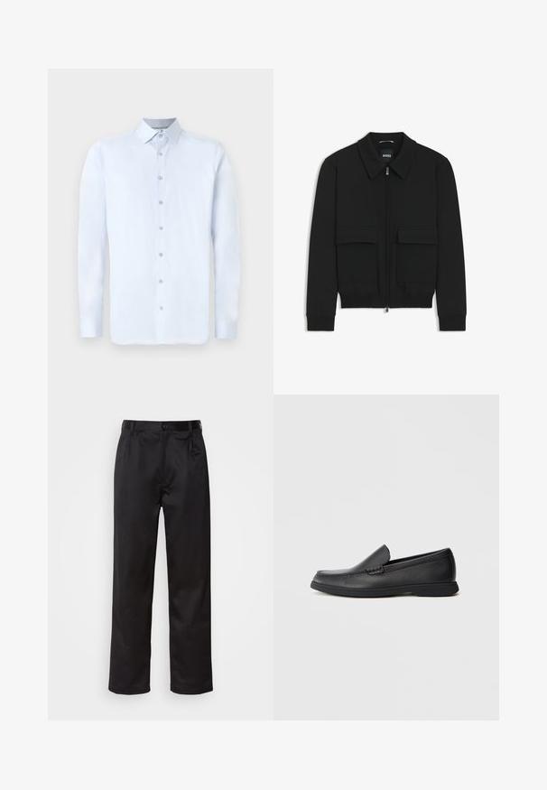 Schwarze Bikerjacke mit Kragen, Reißverschluss vorne und zwei großen Taschen mit Klappen. Mit Rippstrickbündchen und Saum, aus strukturiertem Stoff gefertigt.; Hellblaues Langarmhemd mit spitzem Kragen, vorderem Knopfverschluss und glatter Textur. Verfügt über silberne Knopfakzente an der Knopfleiste.; Schwarze Hosen aus glattem Stoff, mit einem Knopfverschluss vorne, Falten und geraden Beinen. Keine sichtbaren Muster oder Akzente.; Schwarze Leder Slipper mit strukturiertem Obermaterial, runder Zehenform, niedrigem Absatz und Gummisohle, seitlich auf weißem Hintergrund abgebildet.