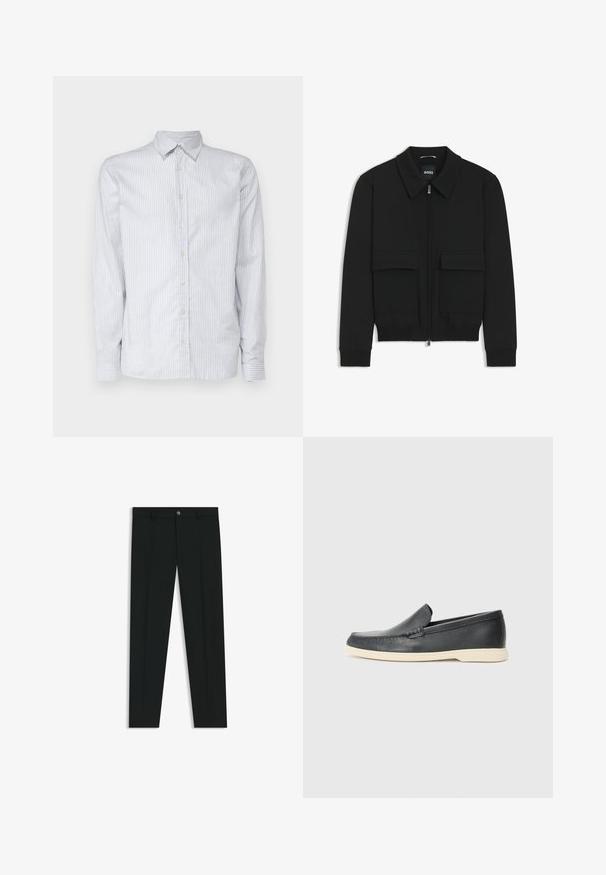 Giacca bomber nera con colletto, chiusura a zip frontale e due grandi tasche con patta. Presenta polsini e orlo a costine, realizzata in tessuto testurizzato.; Camicia a maniche lunghe a righe azzurro chiaro in cotone. Caratterizzata da un colletto classico, chiusura frontale con bottoni e polsini stretti con righe coordinate.; Pantaloni neri in tessuto lisci, con design a gamba dritta. Presentano una chiusura frontale con bottone e passanti per cintura. Senza fantasie.; Mocassini neri in pelle con finitura testurizzata e suola in gomma beige a contrasto. Presentano un accento sottile lungo la parte anteriore.