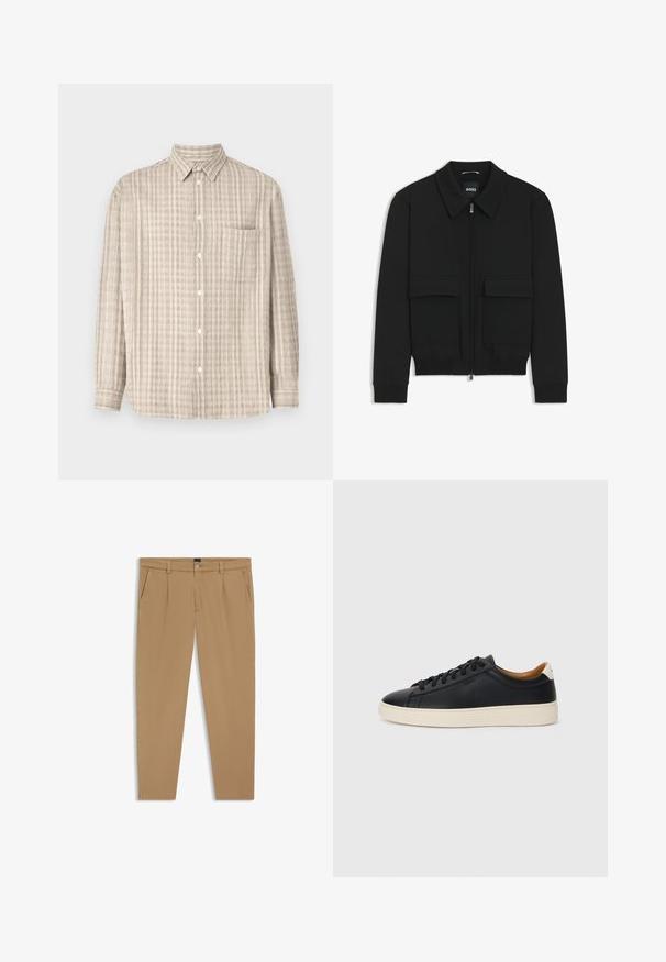 Zwarte bomberjack met een kraag, rits aan de voorkant en twee grote klepzakken. Heeft geribde manchetten en onderrand, gemaakt van textuurstof.; Knoopshirt in lichtbeige, met een geruit patroon, lange mouwen, een borstzak en een normaal kraagontwerp.; Beige broek met een gladde textuur, rechte snit, voorzakken en een knoopsluiting in de taille.; Zwarte leren sneakers met een gladde textuur, beige rubberen zool, vetersluiting en een contrasterende hielaccent.