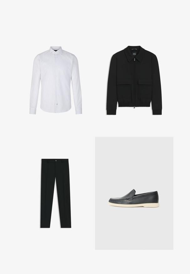 Schwarze Bikerjacke mit Kragen, Reißverschluss vorne und zwei großen Taschen mit Klappen. Mit Rippstrickbündchen und Saum, aus strukturiertem Stoff gefertigt.; Weißes Langarmshirt mit hellblauen vertikalen Streifen, einem Button-Down-Kragen und Manschetten im passenden Streifenmuster.; Schwarze Anzughosen mit geradem Bein, aus glattem Stoff. Mit Knopfverschluss vorne und Gürtelschlaufen. Schlicht ohne Muster.; Schwarze Leder-Slipper mit strukturiertem Finish und einer kontrastierenden beige Gummisohle. Mit einem dezenten Akzent an der Vorderseite.
