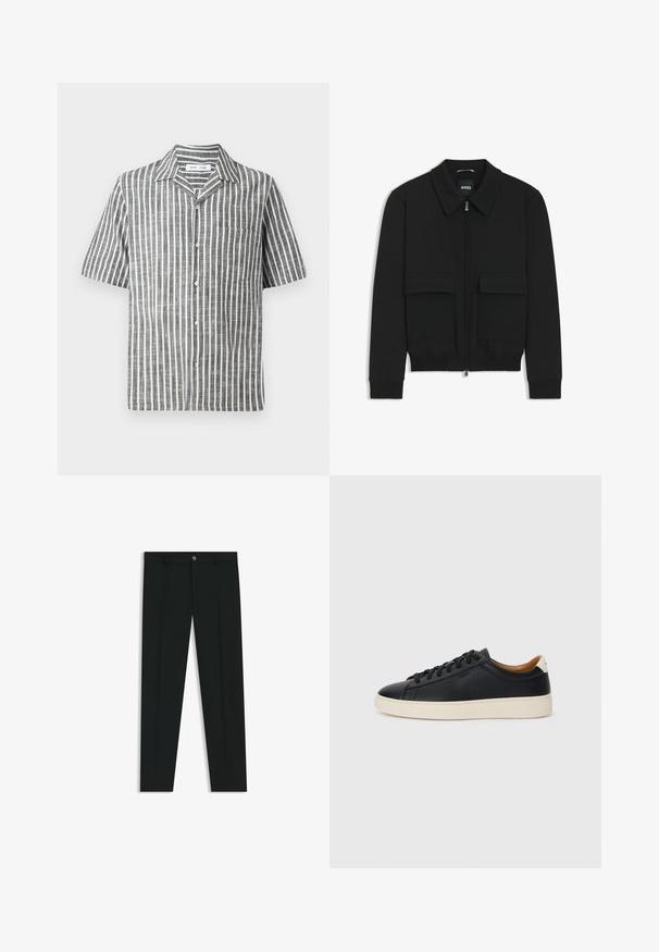 Chaqueta bomber negra con cuello tipo camisa, cierre frontal de cremallera y dos grandes bolsillos con solapa. Presenta puños ribeteados y dobladillo, confeccionada en tela texturizada.; Camisa de manga corta con un patrón de rayas verticales en gris y blanco, con un cierre de botones al frente y un bolsillo a la izquierda. Fabricada con una tela texturizada.; Pantalones de vestir negros con un diseño de pierna recta, hechos de una tela suave. Cuentan con un cierre frontal de botón y lazos para cinturón. Liso, sin patrones.; Zapatillas negras de cuero con una textura suave, suela de goma beige, diseño de cordones y un acento en el talón de color contrastante.