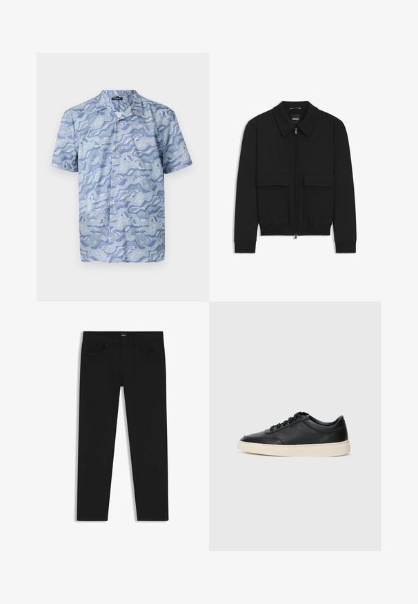 Musta pommikohva takki, jossa on kauluskulli, vetoketju etupuolella ja kaksi suurta läpällistä taskua. Varustettu ribbireunuksilla hihoissa ja helmassa, valmistettu teksturoituneesta kankaasta.; Lyhythihainen paita vaaleansinisellä aallokkovalolla. Valmistettu pehmeästä kankaasta, jossa on nappikiinnitys edessä ja leirityylinen kaulus.; Musta farkkutakki suoran leikkauksen kanssa, varustettuna tavallisella vyötäröllä, viidellä taskulla ja nappisulkimella. Yhtenäinen sileä pinta.; Musta matalavartinen nahkastretchu, jossa on mustat nauhat ja vaaleanharmaa pohja, esitetty sivuprofiilissa valkoista taustaa vasten.