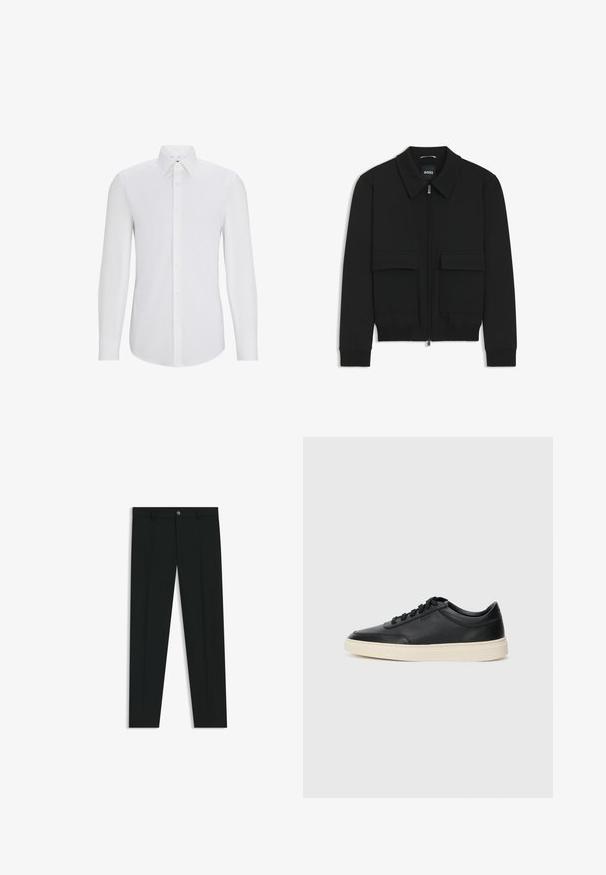 Svart bomberjacka med krage, dragkedja framtill och två stora klafffickor. Har ribbade mudd och nederkant, tillverkad av strukturerad tyg.; Långärmad vit skjorta med spetsig krage, framknäppning, slät textur och en skräddarsydd passform. Inga mönster eller detaljer synliga.; Svarta dressbyxor med rak bendesign, gjorda av ett mjukt tyg. Har stängning med frontknapp och bälteshällor. Enfärgade utan mönster.; Svart låg skor i läder med svarta snören och off-white sula, visas i sidoprofil på vit bakgrund.