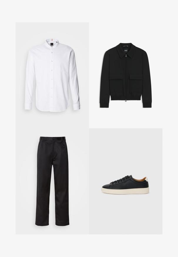 Giacca bomber nera con colletto, chiusura a zip frontale e due grandi tasche con patta. Presenta polsini e orlo a costine, realizzata in tessuto testurizzato.; Camicia bianca a maniche lunghe con colletto alla coreana, chiusura a bottoni e orlo arrotondato. Realizzata in cotone, presenta una texture liscia e una leggera lucentezza.; Pantaloni neri realizzati in tessuto morbido, con chiusura frontale a bottone, pieghe e gambe dritte. Nessun motivo o accento visibile.; Sneakers in pelle nera con una texture liscia, suola in gomma beige, design con lacci e un accento del tacco in contrasto.