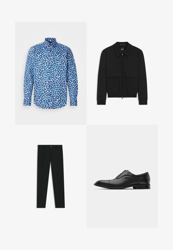 Giacca bomber nera con colletto, chiusura a zip frontale e due grandi tasche con patta. Presenta polsini e orlo a costine, realizzata in tessuto testurizzato.; Camicia a maniche lunghe in tessuto blu scuro con un motivo floreale sparso in azzurro chiaro e bianco, dotata di colletto a punta e chiusura con bottoni.; Pantaloni neri in tessuto lisci, con design a gamba dritta. Presentano una chiusura frontale con bottone e passanti per cintura. Senza fantasie.; Scarpa da uomo in pelle nera con texture liscia, punta arrotondata e cinque occhielli. Presenta un tacco basso impilato e dettagli di cucitura sottili.