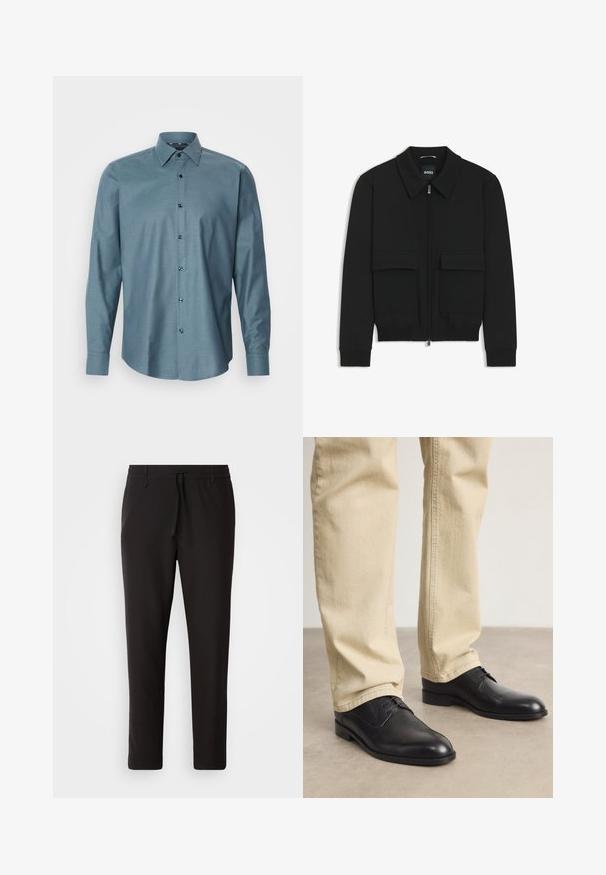 Czarna kurtka bomberka z kołnierzykiem, zapinana na zamek, z dwiema dużymi kieszeniami z klapami. Posiada ściągacze na mankietach i dole, wykonana z teksturowanej tkaniny.; Koszula z długim rękawem w kolorze teal, z guzikami i teksturowanym wzorem, o spiczastym kołnierzyku oraz ciemnych guzikach. Posiada tradycyjny krój i zakrzywiony dół.; Czarne spodnie dresowe wykonane z gładkiego materiału. Posiadają elastyczny pas ze sznurkiem, zwężane nogawki oraz brak widocznych kieszeni. Prosty design.; Czarne skórzane buty na sznurówki z zaokrąglonym czubkiem, gładkim wykończeniem i subtelnymi detalami szycia, noszone z jasnobeżowymi spodniami.