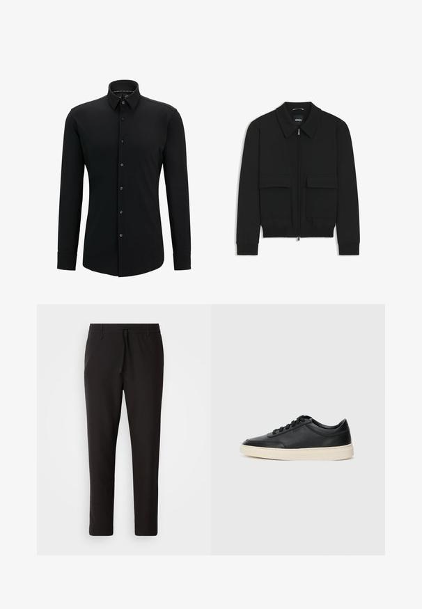 Zwarte bomberjack met een kraag, rits aan de voorkant en twee grote klepzakken. Heeft geribde manchetten en onderrand, gemaakt van textuurstof.; Zwarte langarmshirt gemaakt van gladde stof, met een knoopsluiting aan de voorkant, kraag en een getailleerde pasvorm met subtiele stikseldetails.; Zwarte joggingsbroek van gladde stof. Kenmerkt zich door een elastische tailleband met een trekkoord, taps toelopende benen en geen zichtbare zakken. Eenvoudig ontwerp.; Zwarte leren sneaker met lage schacht, zwarte veters en off-white zool, weergegeven in zijprofiel op een witte achtergrond.