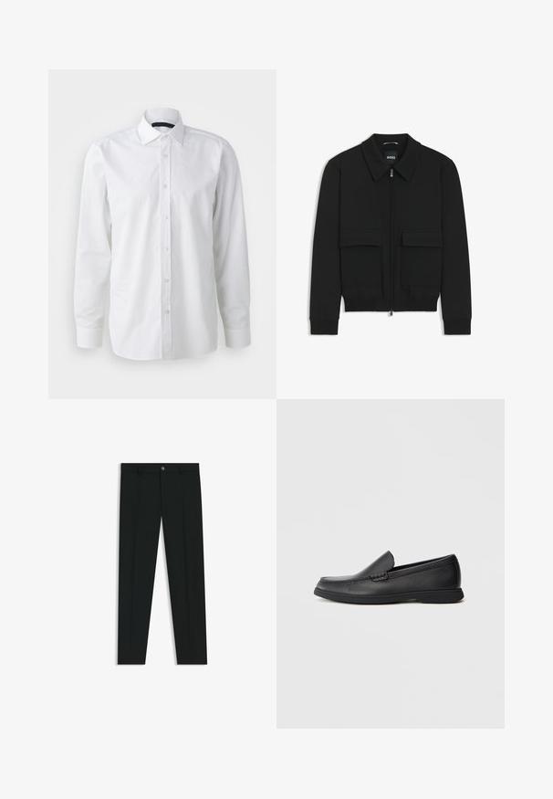 Svart bomberjacka med krage, dragkedja framtill och två stora klafffickor. Har ribbade mudd och nederkant, tillverkad av strukturerad tyg.; Vit långärmad skjorta i bomull. Har en klassisk krage, knäppning framtill och en mjuk textur med diskret glans.; Svarta dressbyxor med rak bendesign, gjorda av ett mjukt tyg. Har stängning med frontknapp och bälteshällor. Enfärgade utan mönster.; Svart läder slip-on loafers med texturerad ovandel, rund tå, låg klack och gummisulor, visad i sidoprofil mot vit bakgrund.