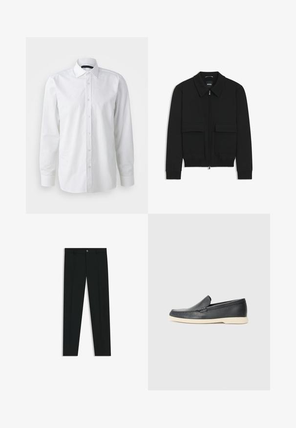 Black bomber jacket with a collared neck, zip front, and two large flap pockets. Features ribbed cuffs and hem, made of textured fabric.; White long-sleeve shirt made of cotton. Features a classic collar, button-down front, and smooth texture with subtle sheen.; Black dress pants with a straight-leg design, made of smooth fabric. Features a front button closure and belt loops. Plain without patterns.; Black leather slip-on loafers with a textured finish and a contrasting beige rubber sole. Features a subtle accent along the front.