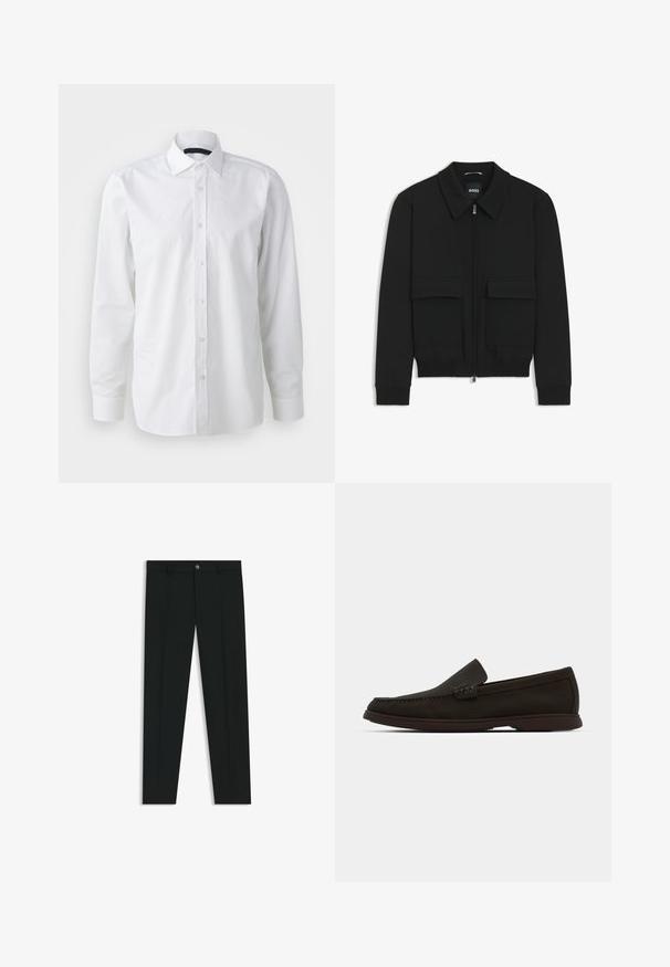 Musta pommikohva takki, jossa on kauluskulli, vetoketju etupuolella ja kaksi suurta läpällistä taskua. Varustettu ribbireunuksilla hihoissa ja helmassa, valmistettu teksturoituneesta kankaasta.; Valkoinen pitkähihainen paita, joka on valmistettu puuvillasta. Siinä on klassinen kaulus, napitus edessä ja sileä rakenne, jossa on hienostunut kiilto.; Musta housut, joissa on suora lahje, valmistettu sileästä kankaasta. Edessä nappisulku ja vyölenkit. Yksinkertainen ilman kuvioita.; Tummanruskeat mokkanahkasaappaat, joissa on ommeltu varvas, matala kumipohja ja rakennekoristeet ylemmässä osassa.