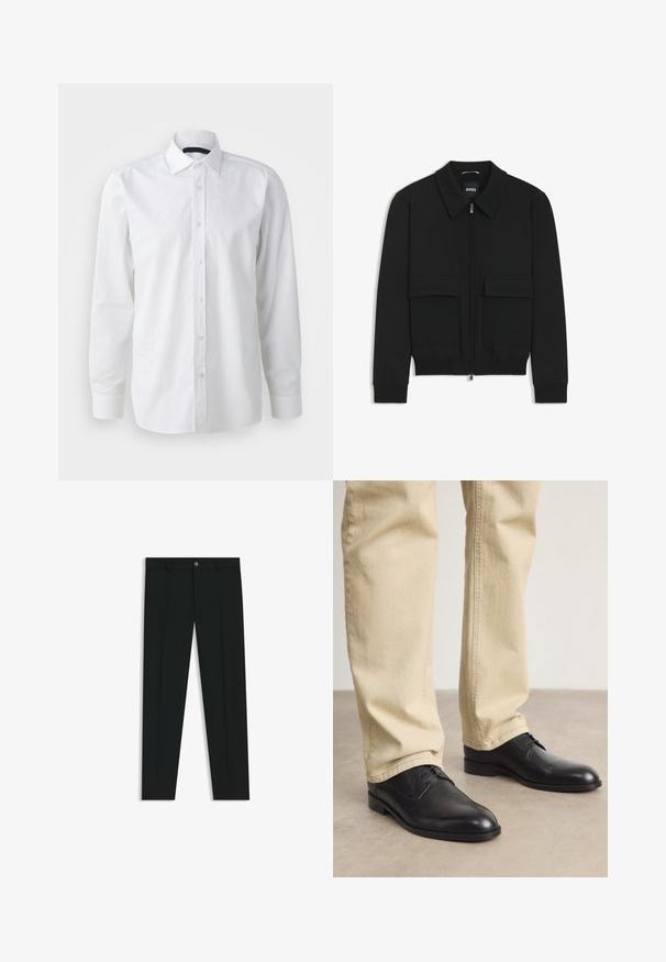 Sort bomberjakke med krave, lynlås foran og to store klaplommer. Har ribbede manchetter og bund, lavet af struktureret stof.; Hvid skjorte med lange ærmer lavet af bomuld. Har en klassisk krave, knaplukning foran og en glat tekstur med en let glans.; Sorte dressbukser med lige ben-design, lavet af glat stof. Har en frontlukning med knap og bæltestropper. Enkle uden mønstre.; Sorte læder snørebåndssko med rund tå, glat finish og diskrete syninger, båret med lyse beige bukser.