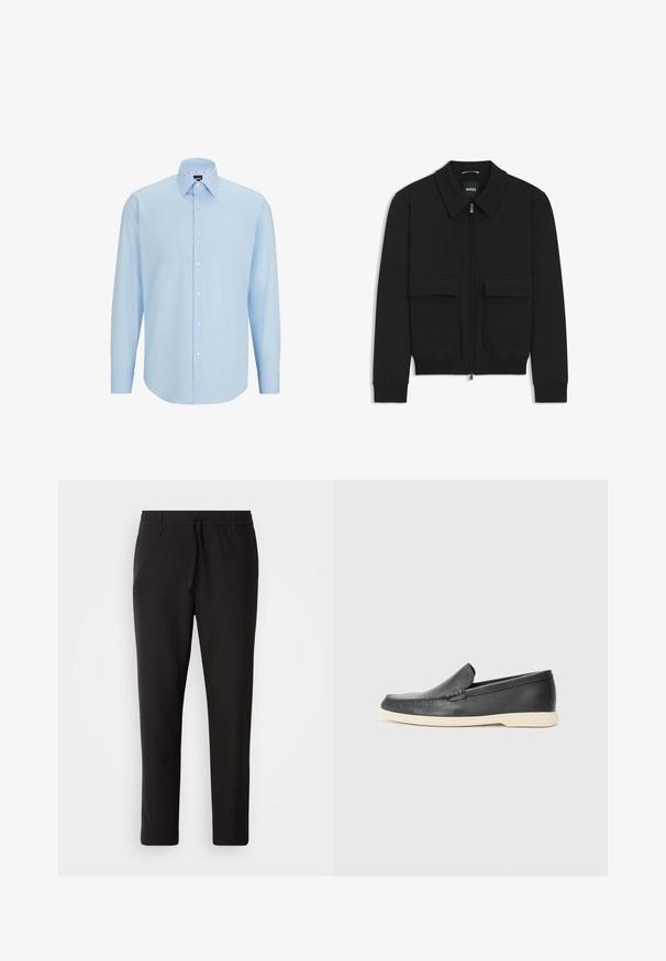 Zwarte bomberjack met een kraag, rits aan de voorkant en twee grote klepzakken. Heeft geribde manchetten en onderrand, gemaakt van textuurstof.; Lichtblauw overhemd met lange mouwen, gemaakt van gladde stof, met een knoopsluiting aan de voorkant, een puntkraag en een reguliere pasvorm.; Zwarte joggingsbroek van gladde stof. Kenmerkt zich door een elastische tailleband met een trekkoord, taps toelopende benen en geen zichtbare zakken. Eenvoudig ontwerp.; Zwarte leren instappers met een gestructureerde afwerking en een contrasterende beige rubberen zool. Beschikt over een subtiele accent langs de voorkant.