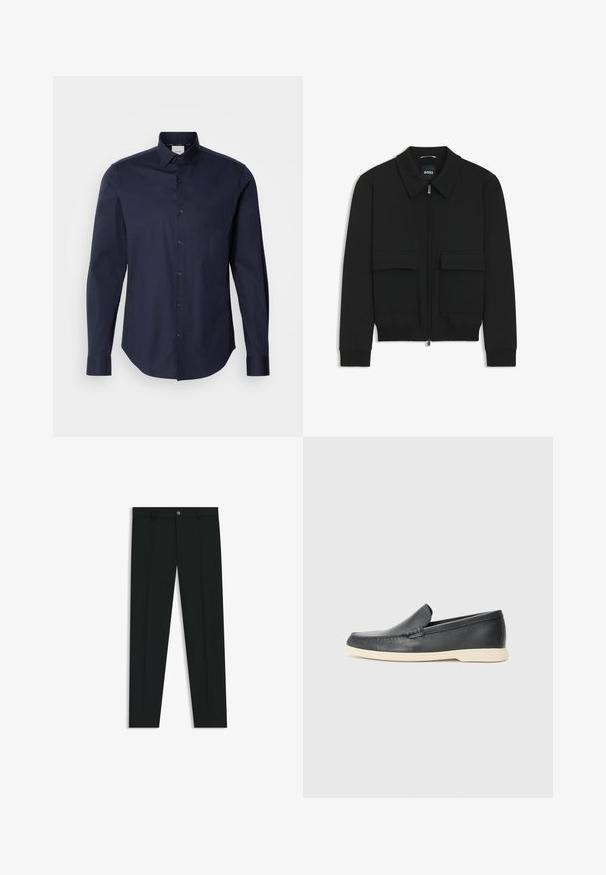 Chaqueta bomber negra con cuello tipo camisa, cierre frontal de cremallera y dos grandes bolsillos con solapa. Presenta puños ribeteados y dobladillo, confeccionada en tela texturizada.; Camisa azul marino de botones, hecha de algodón. Presenta mangas largas, un cuello en punta y una tapeta con botones a juego. Textura suave.; Pantalones de vestir negros con un diseño de pierna recta, hechos de una tela suave. Cuentan con un cierre frontal de botón y lazos para cinturón. Liso, sin patrones.; Mocasines de piel negra sin cordones con un acabado texturizado y una suela de goma beige en contraste. Presentan un sutil acento en la parte frontal.