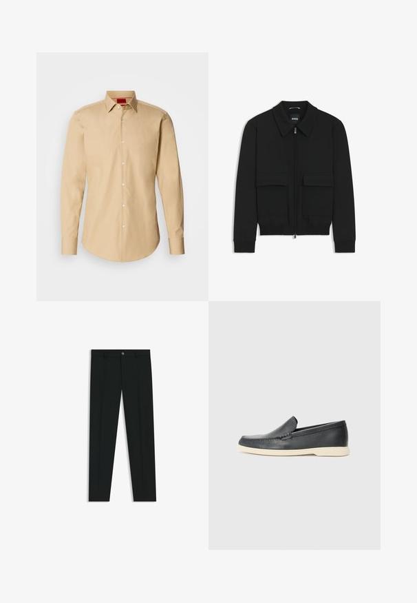 Musta pommikohva takki, jossa on kauluskulli, vetoketju etupuolella ja kaksi suurta läpällistä taskua. Varustettu ribbireunuksilla hihoissa ja helmassa, valmistettu teksturoituneesta kankaasta.; Vaaleanbeige nappikauluspaita, joka on valmistettu sileästä kankaasta. Paidassa on klassinen kaulus, pitkät hihat ja hienovarainen pinta valkoisilla napilla.; Musta housut, joissa on suora lahje, valmistettu sileästä kankaasta. Edessä nappisulku ja vyölenkit. Yksinkertainen ilman kuvioita.; Mustat nahkakengät ilman nauhoja, joissa on teksturoitu pinta ja kontrastoiva beige kumipohja. Kengissä on hillitty yksityiskohta etuosassa.