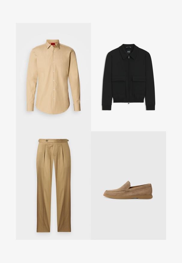 Giacca bomber nera con colletto, chiusura a zip frontale e due grandi tasche con patta. Presenta polsini e orlo a costine, realizzata in tessuto testurizzato.; Camicia beige con bottoni, realizzata in un tessuto liscio, dotata di un colletto classico, maniche lunghe e una texture sottile con bottoni bianchi.; Pantaloni beige con vestibilità dritta, caratterizzati da pinces, chiusura con bottone e passanti per cintura. Tessuto liscio con un aspetto pulito e sartoriale.; Mocassini slip-on in suede marrone con una texture liscia e dettagli cuciti; presentano una suola in gomma per una migliore aderenza.