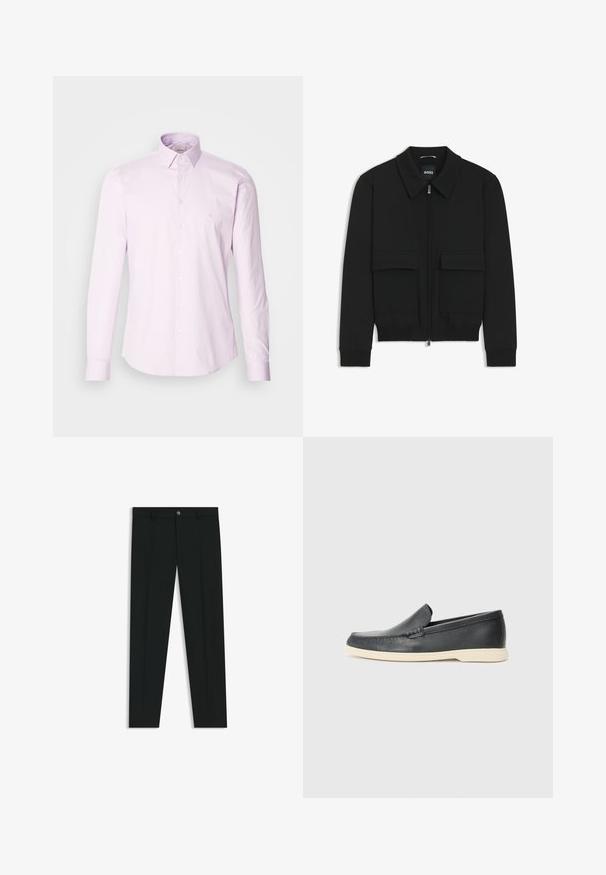 Chaqueta bomber negra con cuello tipo camisa, cierre frontal de cremallera y dos grandes bolsillos con solapa. Presenta puños ribeteados y dobladillo, confeccionada en tela texturizada.; Camisa de botones de manga larga en rosa claro, fabricada en algodón, con un cuello clásico, tapeta de botones en la parte delantera y un pequeño logo en el pecho.; Pantalones de vestir negros con un diseño de pierna recta, hechos de una tela suave. Cuentan con un cierre frontal de botón y lazos para cinturón. Liso, sin patrones.; Mocasines de piel negra sin cordones con un acabado texturizado y una suela de goma beige en contraste. Presentan un sutil acento en la parte frontal.