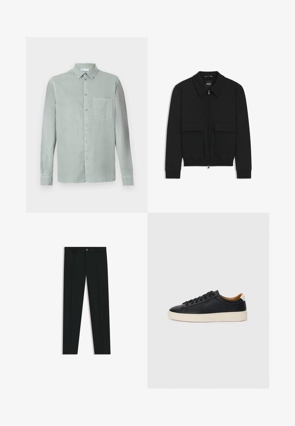 Musta pommikohva takki, jossa on kauluskulli, vetoketju etupuolella ja kaksi suurta läpällistä taskua. Varustettu ribbireunuksilla hihoissa ja helmassa, valmistettu teksturoituneesta kankaasta.; Vihreä pitkähihaine paita nappikauluksella, etutaskulla ja hieman teksturoidulla kankaalla. Ominaisuutena yhteensopivat napit.; Musta housut, joissa on suora lahje, valmistettu sileästä kankaasta. Edessä nappisulku ja vyölenkit. Yksinkertainen ilman kuvioita.; Mustat nahkasneakerit, joissa on sileä pinta, beige kumipohja, nauhakiinnitys ja erottuva kanta-aksentti.