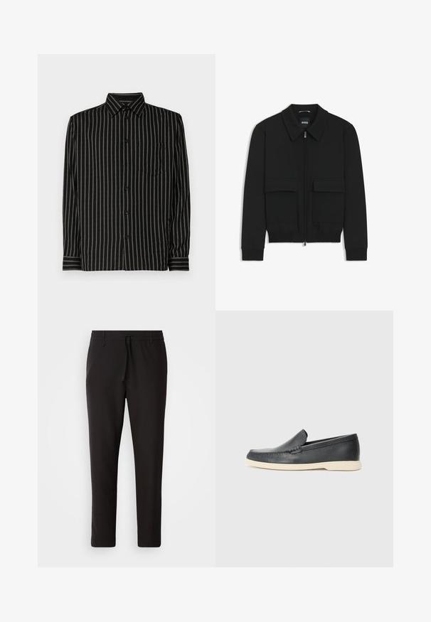 Sort bomberjakke med krave, lynlås foran og to store klaplommer. Har ribbede manchetter og bund, lavet af struktureret stof.; Sort skjorte med lodrette hvide striber, krave-design, lange ærmer, brystlomme og knaplukning. Stof ser glat og letvægts ud.; Sorte joggebukser lavet af glat stof. Har en elastisk talje med snor, tætsiddende ben og ingen synlige lommer. Enkel design.; Sorte læder slip-on loafers med en struktureret overflade og en kontrasterende beige gummisål. Har en subtil detalje langs forsiden.