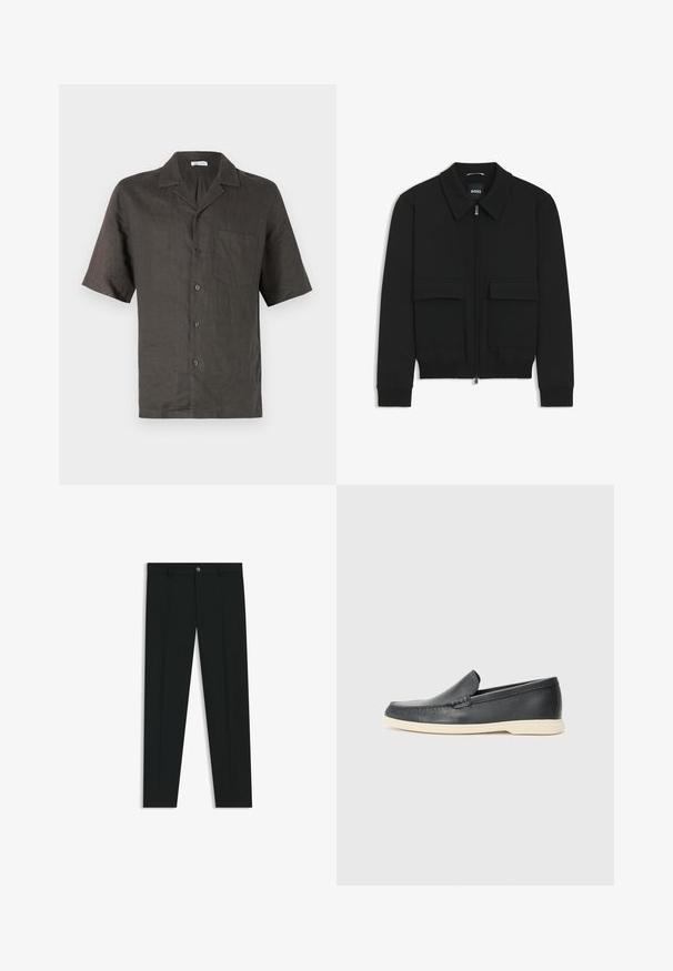 Musta pommikohva takki, jossa on kauluskulli, vetoketju etupuolella ja kaksi suurta läpällistä taskua. Varustettu ribbireunuksilla hihoissa ja helmassa, valmistettu teksturoituneesta kankaasta.; Lyhythihainen, kauluksellinen paita tummanharmaasta pellavasta, jossa on rintatasku ja etupainonappi. Sujuva rakenne, rento istuvuus.; Musta housut, joissa on suora lahje, valmistettu sileästä kankaasta. Edessä nappisulku ja vyölenkit. Yksinkertainen ilman kuvioita.; Mustat nahkakengät ilman nauhoja, joissa on teksturoitu pinta ja kontrastoiva beige kumipohja. Kengissä on hillitty yksityiskohta etuosassa.