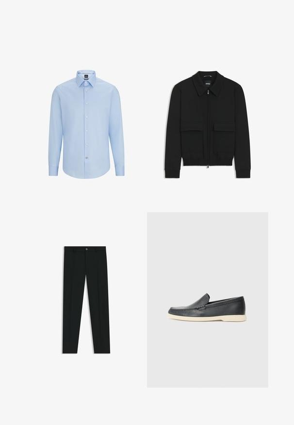 Svart bomberjacka med krage, dragkedja framtill och två stora klafffickor. Har ribbade mudd och nederkant, tillverkad av strukturerad tyg.; Ljusblå, långärmad skjorta med knappar och klassisk krage, tillverkad av ett glansigt tyg. Har vita knappar framtill och vid ärmsluten.; Svarta dressbyxor med rak bendesign, gjorda av ett mjukt tyg. Har stängning med frontknapp och bälteshällor. Enfärgade utan mönster.; Svarta läder slip-on loafers med en texturerad yta och en kontrasterande beige gummisula. Har en subtil accent längs fram.