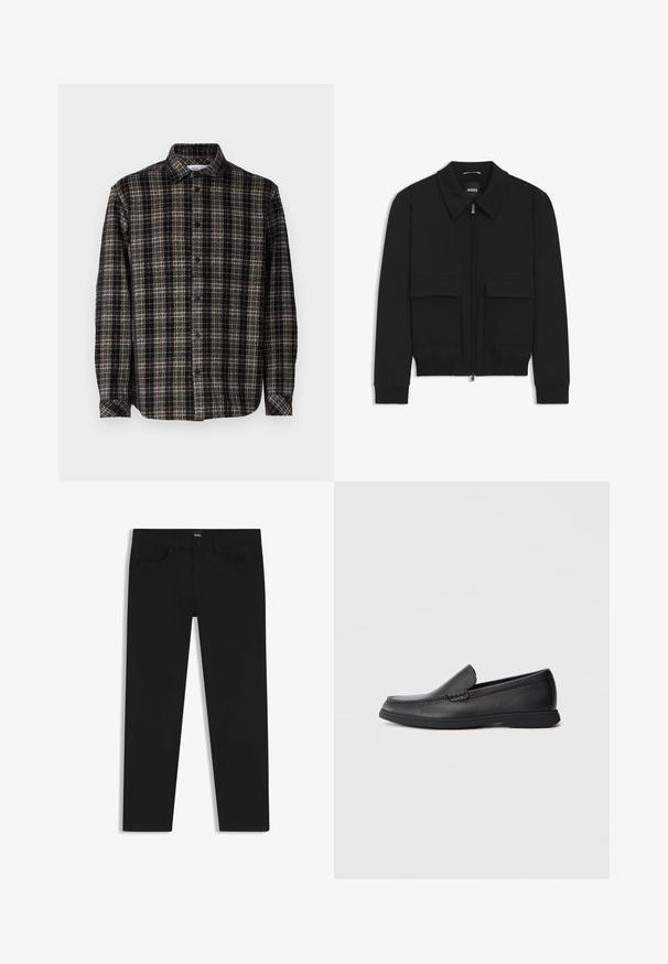 Black bomber jacket with a collared neck, zip front, and two large flap pockets. Features ribbed cuffs and hem, made of textured fabric.; Black and beige plaid shirt, long sleeves, button-up front, classic collar, and soft texture with a structured fit.; Black denim trousers with a straight cut, featuring a standard waistband, five pockets, and a button closure. Smooth texture throughout.; Black leather slip-on loafer with textured upper, rounded toe, low heel, and rubber sole, shown in side profile on white background.