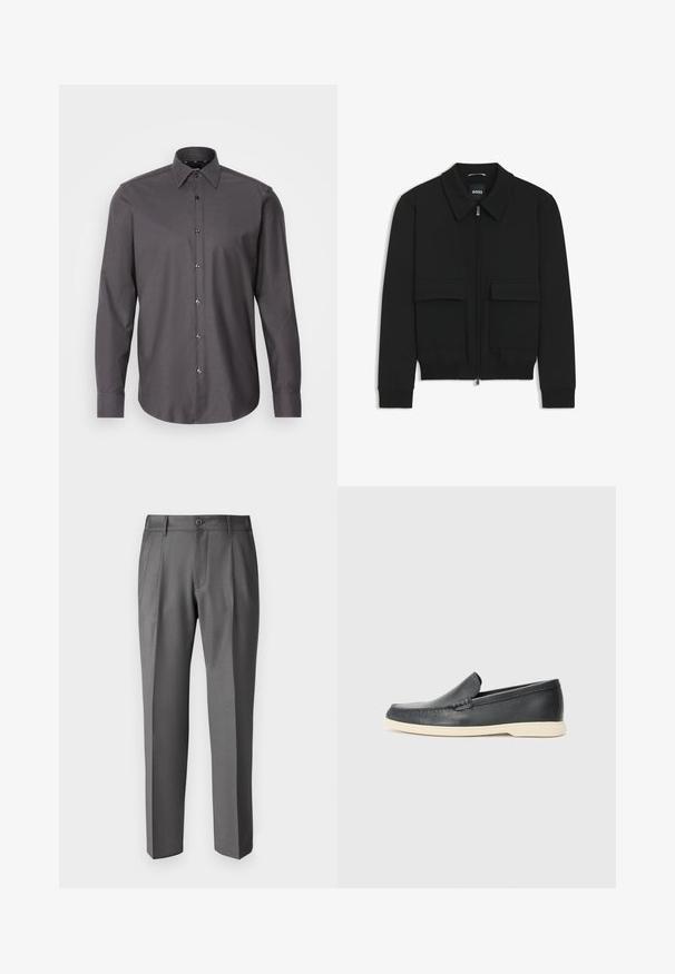 Musta pommikohva takki, jossa on kauluskulli, vetoketju etupuolella ja kaksi suurta läpällistä taskua. Varustettu ribbireunuksilla hihoissa ja helmassa, valmistettu teksturoituneesta kankaasta.; Tummanharmaa nappikauluinen paita, jossa on pitkät hihat, kaulus ja pieni tekstuurikuvio. Varustettu kiiltävillä nappeilla ja pyöristetyllä helmakohdalla.; DRYKORN LEEK - Housut - grey; Mustat nahkakengät ilman nauhoja, joissa on teksturoitu pinta ja kontrastoiva beige kumipohja. Kengissä on hillitty yksityiskohta etuosassa.