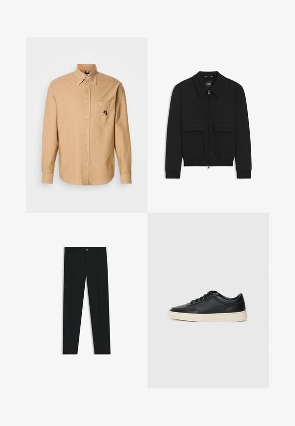 Musta pommikohva takki, jossa on kauluskulli, vetoketju etupuolella ja kaksi suurta läpällistä taskua. Varustettu ribbireunuksilla hihoissa ja helmassa, valmistettu teksturoituneesta kankaasta.; Beige pitkähihaine paita, jossa on nappilista, napitettava kaulus ja etutasku, jossa on pieni brodeerattu "B"-logo.; Musta housut, joissa on suora lahje, valmistettu sileästä kankaasta. Edessä nappisulku ja vyölenkit. Yksinkertainen ilman kuvioita.; Musta matalavartinen nahkastretchu, jossa on mustat nauhat ja vaaleanharmaa pohja, esitetty sivuprofiilissa valkoista taustaa vasten.