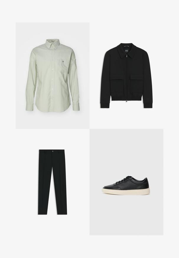 Musta pommikohva takki, jossa on kauluskulli, vetoketju etupuolella ja kaksi suurta läpällistä taskua. Varustettu ribbireunuksilla hihoissa ja helmassa, valmistettu teksturoituneesta kankaasta.; Vaaleanvihreä nappikauluspaita, jossa on pitkät hihat, klassinen kaulus, vasemmassa rinnassa tasku ja hienovarainen tekstuuri. Sisältää valkoiset napit ja logotunnuksen.; Musta housut, joissa on suora lahje, valmistettu sileästä kankaasta. Edessä nappisulku ja vyölenkit. Yksinkertainen ilman kuvioita.; Musta matalavartinen nahkastretchu, jossa on mustat nauhat ja vaaleanharmaa pohja, esitetty sivuprofiilissa valkoista taustaa vasten.