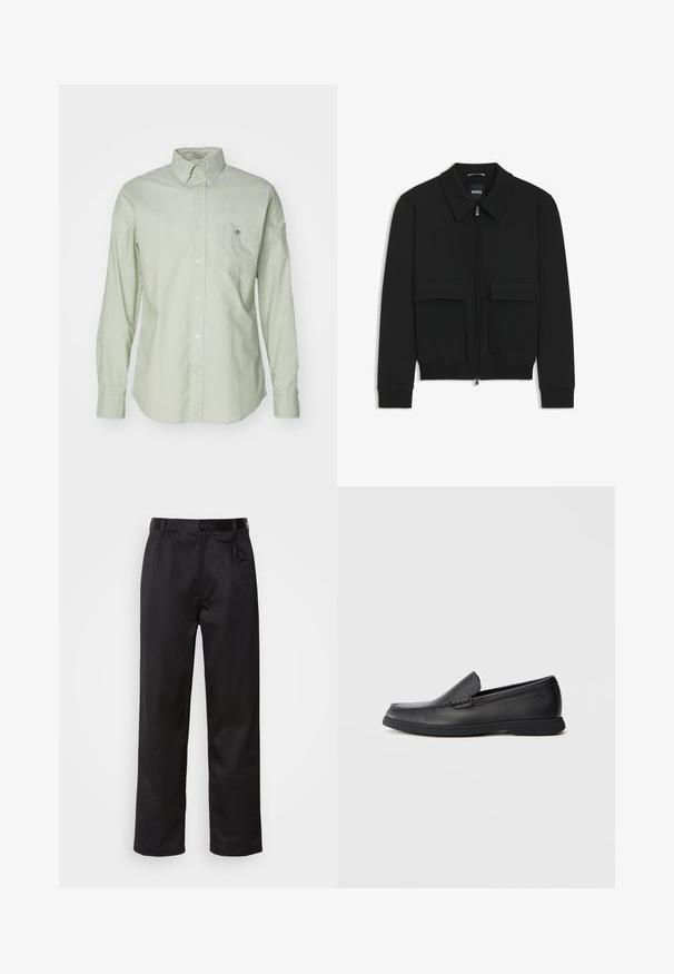 Schwarze Bikerjacke mit Kragen, Reißverschluss vorne und zwei großen Taschen mit Klappen. Mit Rippstrickbündchen und Saum, aus strukturiertem Stoff gefertigt.; Hellgrünes, knopfbares Hemd mit langen Ärmeln, klassischem Kragen, einer Brusttasche links und subtiler Textur. Verziert mit weißen Knöpfen und einem Logodetail.; Schwarze Hosen aus glattem Stoff, mit einem Knopfverschluss vorne, Falten und geraden Beinen. Keine sichtbaren Muster oder Akzente.; Schwarze Leder Slipper mit strukturiertem Obermaterial, runder Zehenform, niedrigem Absatz und Gummisohle, seitlich auf weißem Hintergrund abgebildet.