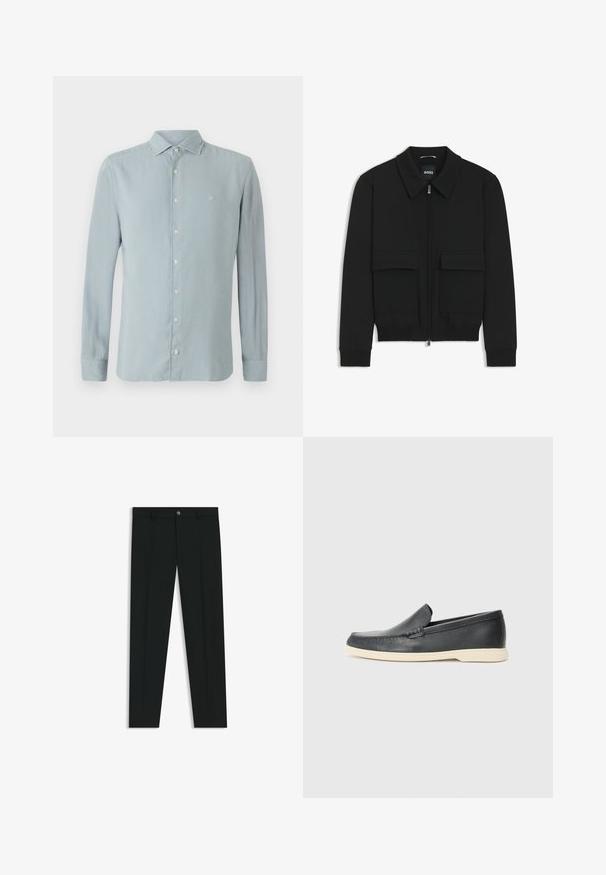 Giacca bomber nera con colletto, chiusura a zip frontale e due grandi tasche con patta. Presenta polsini e orlo a costine, realizzata in tessuto testurizzato.; Camicia azzurra a maniche lunghe realizzata in tessuto morbido. Presenta un colletto a punta, chiusura con bottoni e un piccolo logo ricamato sul petto.; Pantaloni neri in tessuto lisci, con design a gamba dritta. Presentano una chiusura frontale con bottone e passanti per cintura. Senza fantasie.; Mocassini neri in pelle con finitura testurizzata e suola in gomma beige a contrasto. Presentano un accento sottile lungo la parte anteriore.