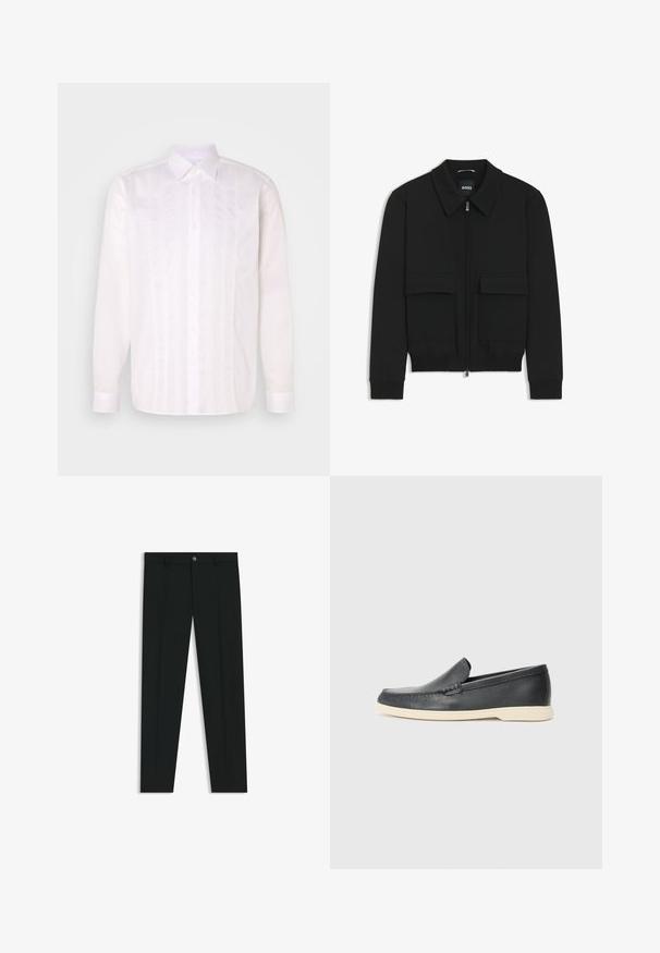 Czarna kurtka bomberka z kołnierzykiem, zapinana na zamek, z dwiema dużymi kieszeniami z klapami. Posiada ściągacze na mankietach i dole, wykonana z teksturowanej tkaniny.; Biała koszula z długim rękawem i klasycznym kołnierzykiem, z pionowymi zdobieniami oraz zapięciem na guziki z przodu.; Czarne spodnie materiałowe z prostymi nogawkami, wykonane z gładkiego materiału. Posiadają zamek na guzik z przodu oraz szlufki na pasek. Gładkie, bez wzorów.; Czarne skórzane slip-ony w stylu loafers z teksturowanym wykończeniem i kontrastującą beżową gumową podeszwą. Posiadają delikatny akcent wzdłuż przodu.