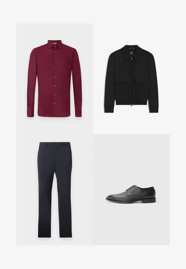 Giacca bomber nera con colletto, chiusura a zip frontale e due grandi tasche con patta. Presenta polsini e orlo a costine, realizzata in tessuto testurizzato.; Camicia bordeaux a maniche lunghe con chiusura frontale a bottoni, colletto e polsini con bottoni. Tessuto liscio di un colore uniforme e senza fantasie.; Pantaloni formali blu in tessuto liscio. Presentano una vita piatta, passanti per cintura e tasche laterali, con una vestibilità dritta su misura.; Scarpa da uomo in pelle nera, con lacci, tacco basso e finitura liscia, leggermente strutturata, su sfondo bianco semplice.