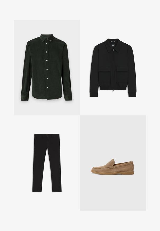 Schwarze Bikerjacke mit Kragen, Reißverschluss vorne und zwei großen Taschen mit Klappen. Mit Rippstrickbündchen und Saum, aus strukturiertem Stoff gefertigt.; Dunkelgrühe Cordshirt mit langen Ärmeln und Knopfleiste sowie einem Button-Down-Kragen auf weißem Hintergrund.; Schwarze Hosen aus einem Stoff mit glatter текстуре. Verfügt über einen Knopfverschluss, Gürtelschlaufen und Seitentaschen. Klassisches Design mit geradem Bein.; Braune Wildleder Slipper mit glatter Textur und gesteppten Details; bietet eine Gummisohle für guten Halt.