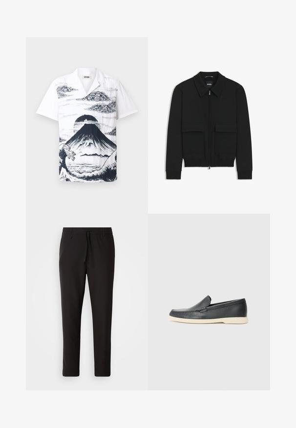 Giacca bomber nera con colletto, chiusura a zip frontale e due grandi tasche con patta. Presenta polsini e orlo a costine, realizzata in tessuto testurizzato.; Camicia bianca a maniche corte con un'illustrazione nera del Monte Fuji, accompagnata da nuvole e onde. Realizzata in tessuto leggero con una vestibilità rilassata.; Pantaloni jogger neri realizzati in tessuto liscio. Presentano una vita elasticizzata con stringa, gambe affusolate e senza tasche visibili. Design semplice.; Mocassini neri in pelle con finitura testurizzata e suola in gomma beige a contrasto. Presentano un accento sottile lungo la parte anteriore.