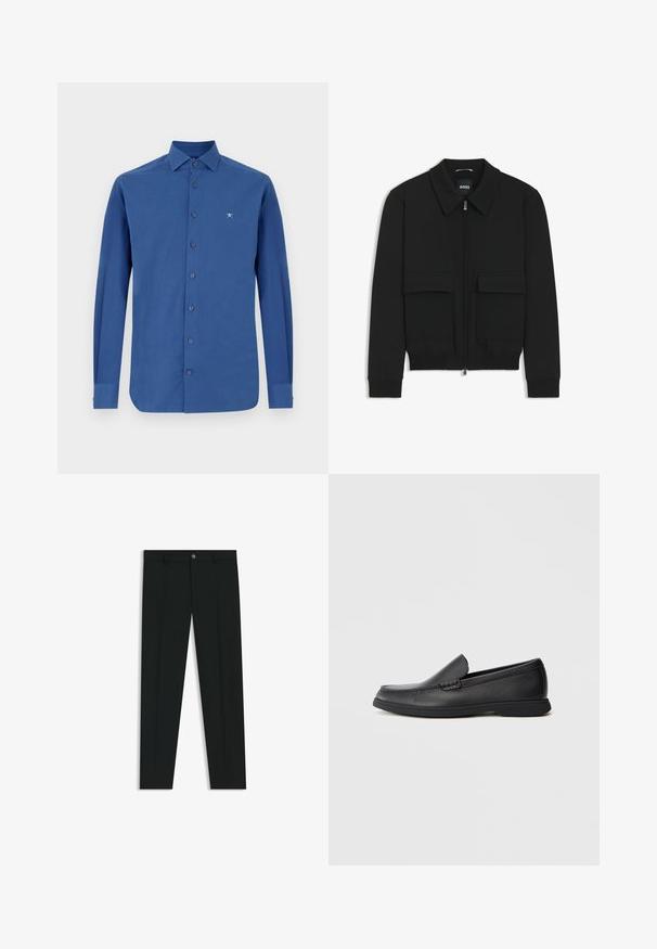Musta pommikohva takki, jossa on kauluskulli, vetoketju etupuolella ja kaksi suurta läpällistä taskua. Varustettu ribbireunuksilla hihoissa ja helmassa, valmistettu teksturoituneesta kankaasta.; Sininen pitkähihaisen puuvillapaita, jossa on napitettava etuosa, klassinen kaulus ja hillitty logon brodeeraus rinnassa.; Musta housut, joissa on suora lahje, valmistettu sileästä kankaasta. Edessä nappisulku ja vyölenkit. Yksinkertainen ilman kuvioita.; Musta nahkainen liukuvi loafer, jossa on tekstuuripinta, pyöreä kärki, matala korko ja kumipohja, esitelty sivuprofiilissa valkoisella taustalla.