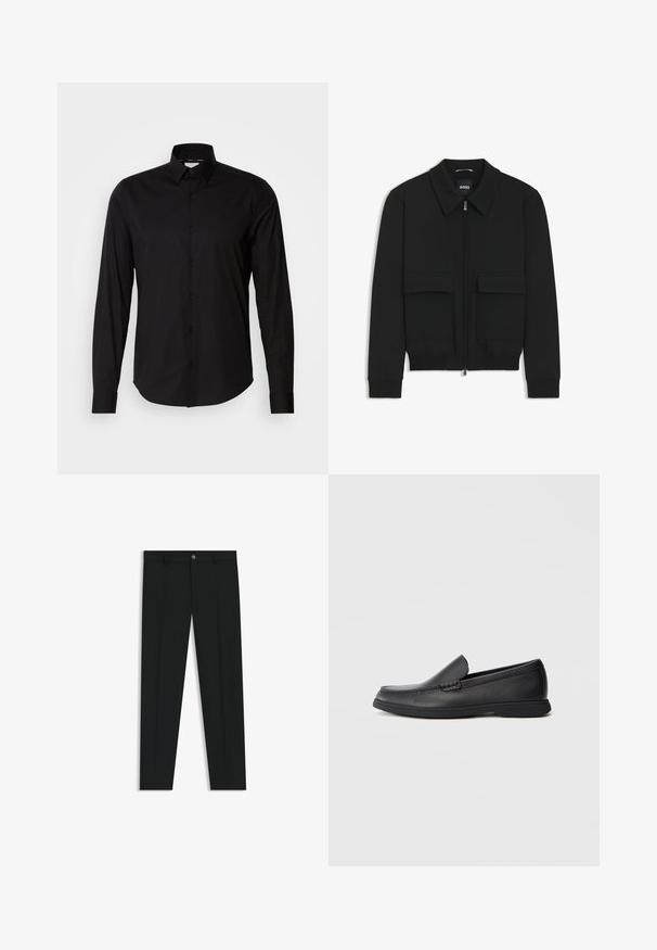 Black bomber jacket with a collared neck, zip front, and two large flap pockets. Features ribbed cuffs and hem, made of textured fabric.; Black long-sleeve shirt made of smooth fabric. Features a classic collar, button placket, and straight hem. No patterns or accents present.; Black dress pants with a straight-leg design, made of smooth fabric. Features a front button closure and belt loops. Plain without patterns.; Black leather slip-on loafer with textured upper, rounded toe, low heel, and rubber sole, shown in side profile on white background.