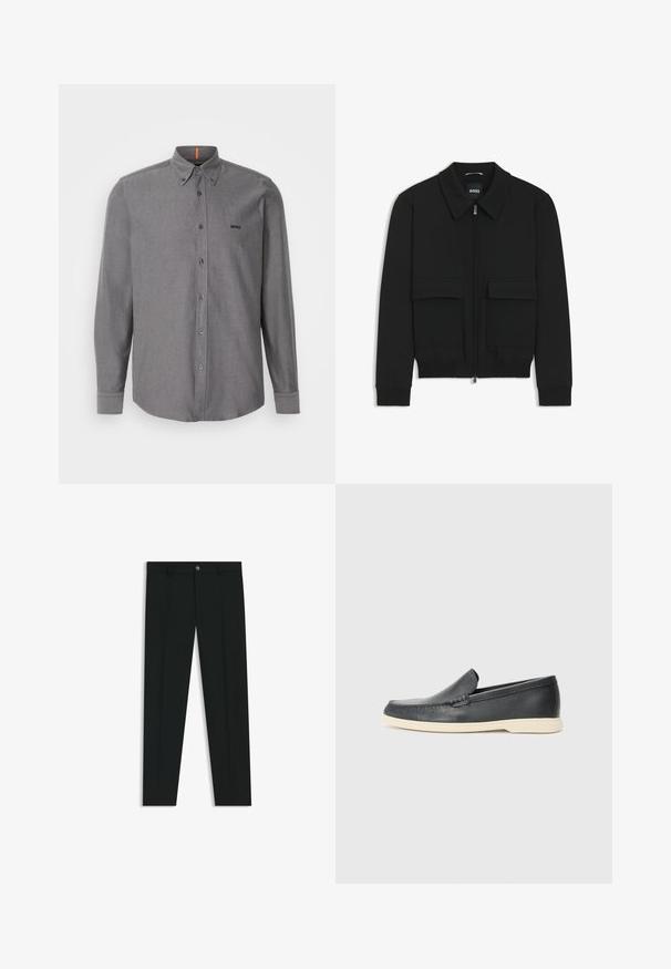 Schwarze Bikerjacke mit Kragen, Reißverschluss vorne und zwei großen Taschen mit Klappen. Mit Rippstrickbündchen und Saum, aus strukturiertem Stoff gefertigt.; Graues Langarmhemd mit Knopfleiste, aus Baumwollmischung, mit spitzem Kragen, Brusttasche und Logo auf der Brust. Es hat einen abgerundeten Saum und Knopfmanschetten.; Schwarze Anzughosen mit geradem Bein, aus glattem Stoff. Mit Knopfverschluss vorne und Gürtelschlaufen. Schlicht ohne Muster.; Schwarze Leder-Slipper mit strukturiertem Finish und einer kontrastierenden beige Gummisohle. Mit einem dezenten Akzent an der Vorderseite.