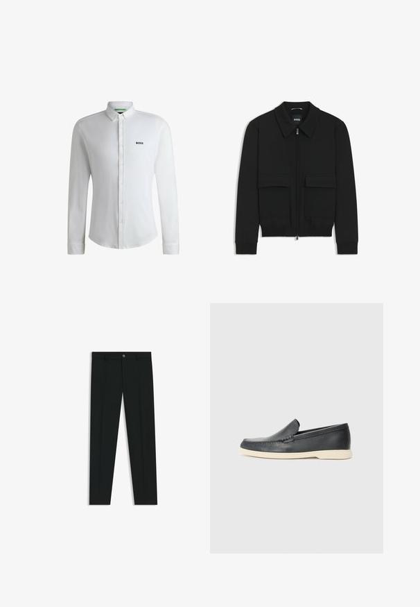 Zwarte bomberjack met een kraag, rits aan de voorkant en twee grote klepzakken. Heeft geribde manchetten en onderrand, gemaakt van textuurstof.; Witte button-up shirt met een klassieke kraag, lange mouwen en zwart "BOSS" logo op de borst. Gemaakt van lichtgewicht stof.; Zwarte dresspants met een recht pasvorm, gemaakt van een gladde stof. Heeft een sluiting met een knoop aan de voorkant en ceintuurlussen. Effen zonder patronen.; Zwarte leren instappers met een gestructureerde afwerking en een contrasterende beige rubberen zool. Beschikt over een subtiele accent langs de voorkant.