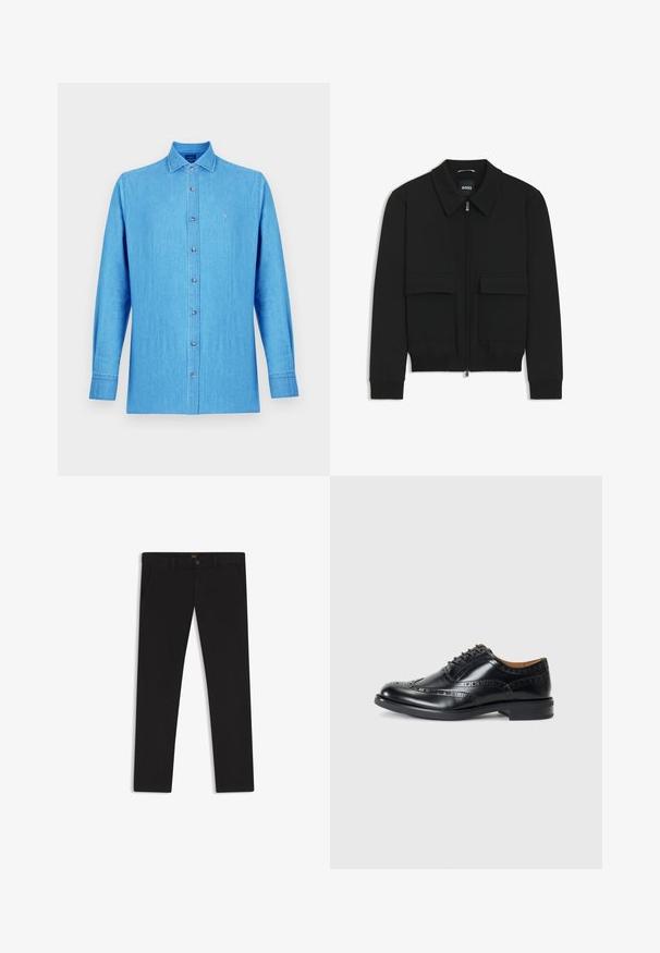 Svart bomberjacka med krage, dragkedja framtill och två stora klafffickor. Har ribbade mudd och nederkant, tillverkad av strukturerad tyg.; Ljusblå skjorta i denimtyg med knappar fram. Har en klassisk krage, långa ärmar och en liten broderad logga på bröstet.; Svarta byxor gjorda av tyg med en slät textur. Har en knäppning med knapp, bälteshällor och sidofickor. Standard rakt ben-design.; Tommy Hilfiger VOGUE - Eleganta snörskor - black