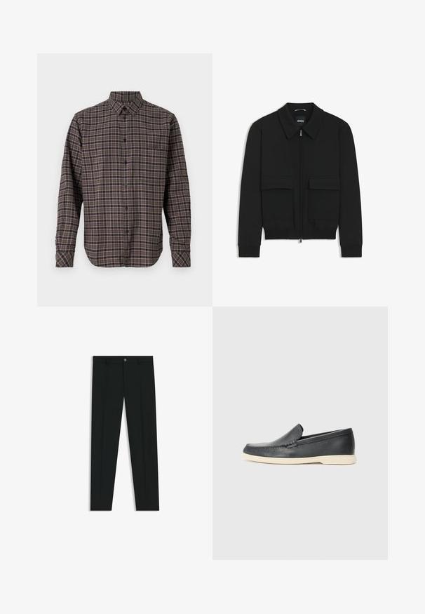 Black bomber jacket with a collared neck, zip front, and two large flap pockets. Features ribbed cuffs and hem, made of textured fabric.; Long-sleeve flannel shirt in dark green, featuring a checked pattern with pink and white lines, button closure, and a single chest pocket.; Black dress pants with a straight-leg design, made of smooth fabric. Features a front button closure and belt loops. Plain without patterns.; Black leather slip-on loafers with a textured finish and a contrasting beige rubber sole. Features a subtle accent along the front.
