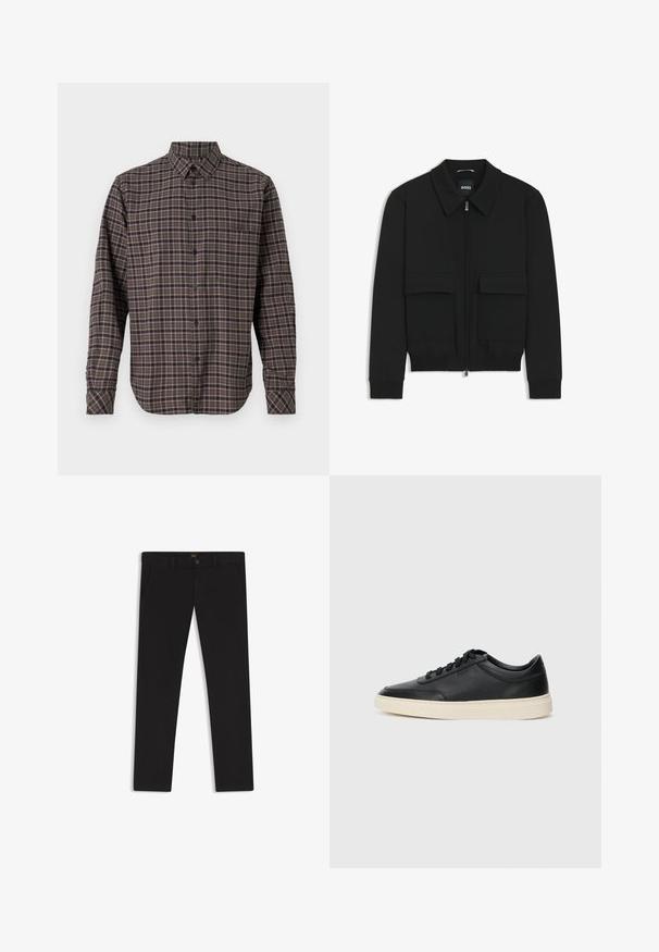 Schwarze Bikerjacke mit Kragen, Reißverschluss vorne und zwei großen Taschen mit Klappen. Mit Rippstrickbündchen und Saum, aus strukturiertem Stoff gefertigt.; Langärmliges Flanellhemd in Dunkelgrün mit einem karierten Muster in Rosa und Weiß, Knopfverschluss und einer einzelnen Brusttasche.; Schwarze Hosen aus einem Stoff mit glatter текстуре. Verfügt über einen Knopfverschluss, Gürtelschlaufen und Seitentaschen. Klassisches Design mit geradem Bein.; Schwarzer niedriger Ledersneaker mit schwarzen Schnürsenkeln und cremefarbenem Sohlenrand, seitlich auf weißem Hintergrund dargestellt.